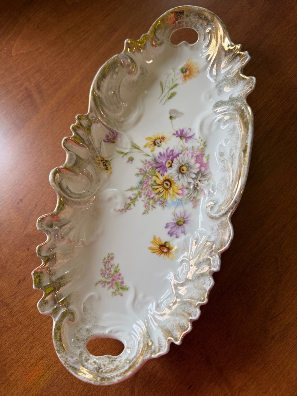 RS Prussia Porcelain Double Handle Ornate Floral Tray with Gold Trim